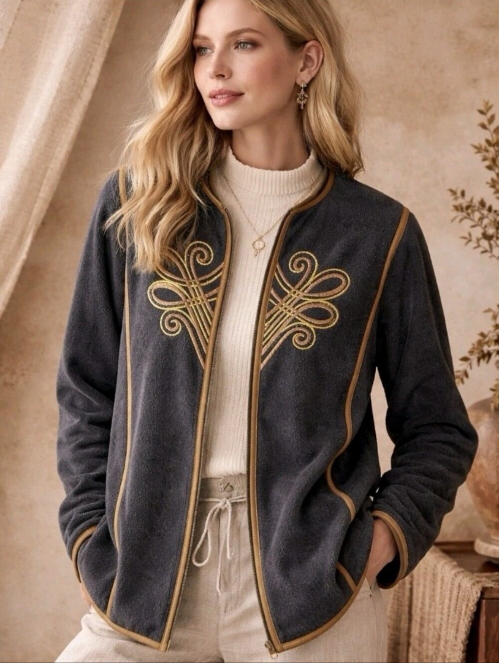 Bob Mackie Wearable Art Womens |M| Black Embroidered Fleece Full Zip Jacket